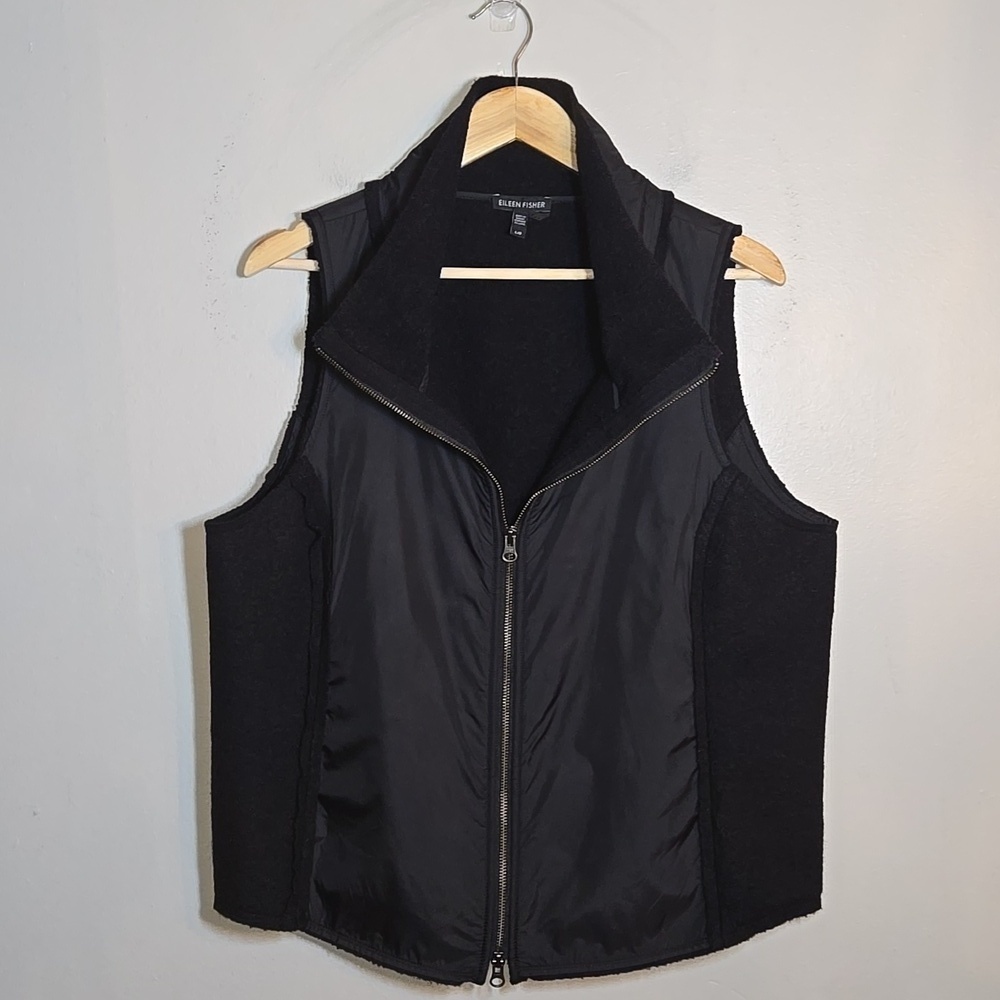 Eileen Fisher Boiled Wool Parka Trim Stand-Collar Black Vest Jacket Large - Picture 2 of 10